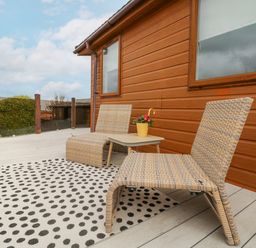 An outdoor deck with two wicker chairs a small table with a potted plant and a polka dot rug at Serenity Sunset in Ilfracombe