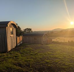 Two wooden shepherds huts on a grassy hill with a fence and trees during sunset at Hafan Gelli Sheperds Hut - Enlli in Pwllheli