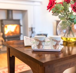 A wooden table with two cups, a newspaper, and a vase with red flowers in a room with a fireplace burning at Gate House in Coniston