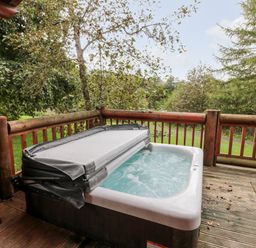 An outdoor hot tub on a wooden deck surrounded by trees at 10 Water's Edge in Morpeth near Felton
