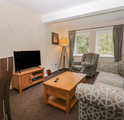 A living room with patterned sofa armchair wooden coffee table and television at Apartment 1 in Keswick