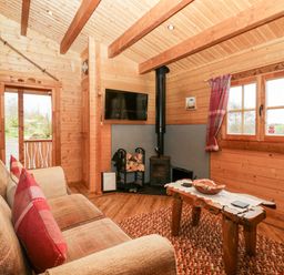 A living room with a sofa red pillows wood burning stove wooden coffee table and television at Ballinorig Lodge in Cleator Moor