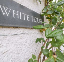 A sign reading 'WHITE HOUSE' on a wall with a plant at White House 