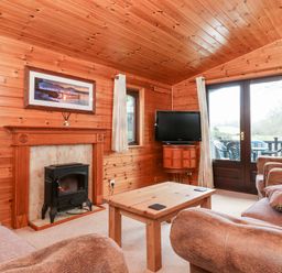 A living room with wood panel walls a fireplace a wooden coffee table a television and glass doors at Latrigg Lodge Number 9 Burnside Park near Keswick