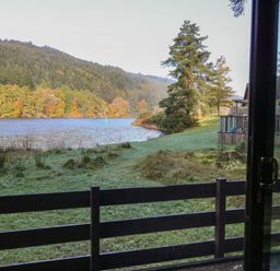 A view of a lake and forest from behind a wooden fence and glass door at 27 Invergarry Lodges in South Laggan near Invergarry