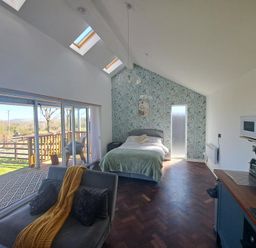 A room with a bed, sofa, kitchen counter with appliances, and sliding glass doors opening to a balcony at Capel Park Tyddynod Bach in Llandyfrydog near Llanerchymedd