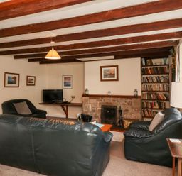 A living room with black leather sofas a fireplace a bookshelf and a television at Cherry Tree Cottage in Fallodon near Embleton