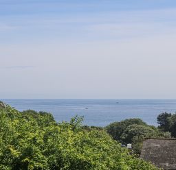 A view of the ocean with trees and rooftops in the foreground at Godrevy in Porthcurno