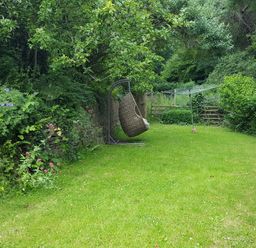 A garden with a hanging wicker chair and a rotary clothesline surrounded by trees and shrubs at Anvil Cottage in Gatcombe near Blakeney