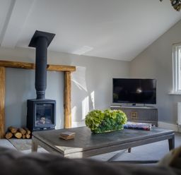 A living room with a wood stove a television on a cabinet and a table with a plant and magazines at Gate House in Killington near Sedbergh