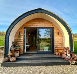 A cabin entrance with wooden decking and decorative items at Willow in Llangurig near Llanidloes