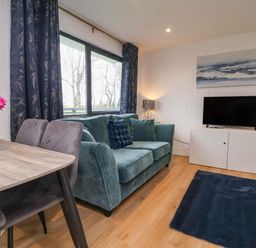 A living room with a green sofa and a TV at Cassia in Kilkhampton