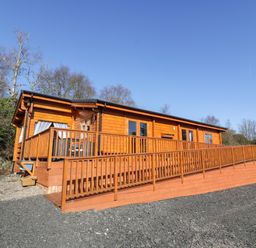 A wooden cabin with a ramp and railing surrounded by trees at Little Lodge in Balminnoch near Glenluce