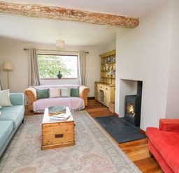 A living room with sofas a wooden coffee table a fireplace and a wooden cabinet at Oak Apple Cottage in Presteigne