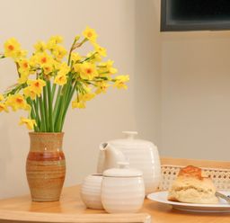 A table with a vase of yellow flowers a white teapot a sugar bowl and a plate with a scone at The Cabin at Ropewalk in Goonbell near St Agnes
