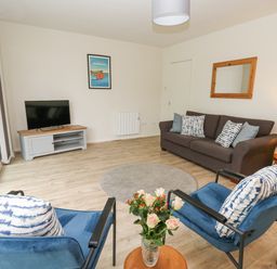 A living room with blue chairs a gray sofa a TV on a stand and flowers on a small table at 14 Coedrath Park in Saundersfoot