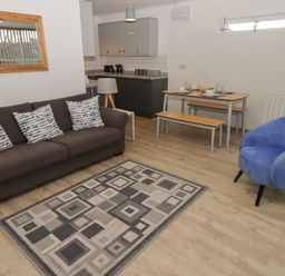 A living area with a brown sofa with patterned cushions a blue armchair a geometric patterned rug a wooden dining table set with benches and an open kitchen in the background at 19 Coedrath Park in Saundersfoot