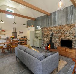 An open plan living area with a kitchen dining table sofa fireplace and TV at Bohan Bo in Tinteskin near Kilmuckridge County Wexford