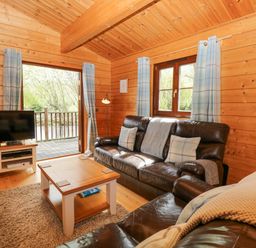 A wooden living room with two dark leather sofas a coffee table television and windows with blue check curtains at Kingfisher Lodge in Badwell Ash