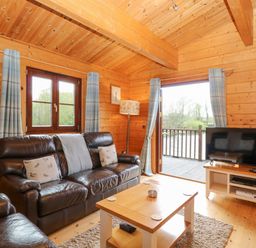 A wooden living room with brown leather sofa armchair coffee table TV and blue curtains at Wagtail Lodge in Badwell Ash