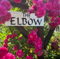A sign labeled The Elbow surrounded by pink flowers at The Elbow in Frampton
