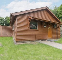 A wooden cabin with a pathway leading to the door and grass surrounding it at Luxury Lodge 62 in Dyserth