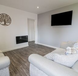 A living room with two sofas a wall-mounted television and a decorative tree wall hanging at Luxury Lodge 62 in Dyserth
