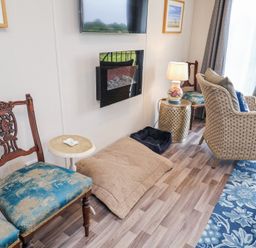 A sitting area with antique wooden chairs a woven armchair small side tables lamps a wall mounted tv and fireplace and pet beds at The Hoot in Great Finborough near Stowmarket