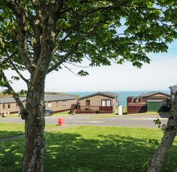 Caravan homes with grass and trees in the foreground and ocean in the background at Lodge 67 at Riviera Bay Coastal Retreat Brixham