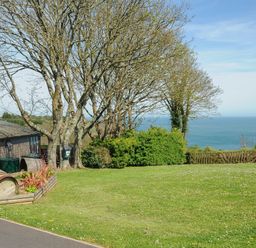 A lawn with trees and bushes near a wooden fence overlooking the sea at Lodge 67 at Riviera Bay Coastal Retreat in Brixham