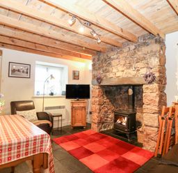 A living room with a stone fireplace wood burner red checkered rug table with flowers and wooden furniture at White Lilac Cottage in Brynsiencyn