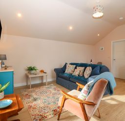 A living room with a patterned rug a blue sofa with cushions a wooden armchair a small table with a plant and a blue cabinet at Y Felin in Caernarfon