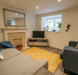 A living room with two sofas a television on a stand a fireplace with a mirror above and a window with plants at Half Pint Cottage in Beaminster
