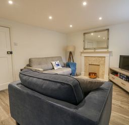 A living room with two sofas a fireplace a TV on a stand and a lamp at Half Pint Cottage in Beaminster