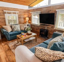 A living room with two blue sofas a wooden coffee table a rug a wall-mounted television and lamps at The Bird House in Cenarth