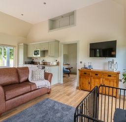 A living room with a brown leather sofa a kitchen area with cabinets and appliances a wooden sideboard with a mounted television and a fireplace guard at Bramble Cottage Wester Essendy near Dunkeld