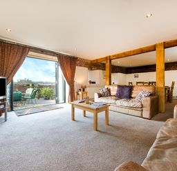 A living room with leather sofas a coffee table and a television near an open door to an outdoor patio at Teal in Wheatacre