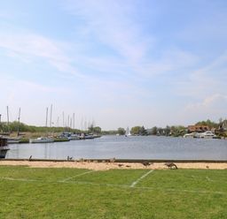 A river with boats docked on both sides and birds on grassy shore at Paws-A-While in Hoveton & Wroxham