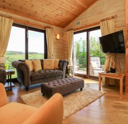A living room with sofas ottoman rug and television at Moonlake Lodge in Woolsery near Woolfardisworthy