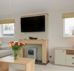 A living room with a sofa a coffee table with flowers a fireplace with a tv and a cabinet with a lamp at Lodge 74 at Riviera Bay Coastal Retreat in Brixham