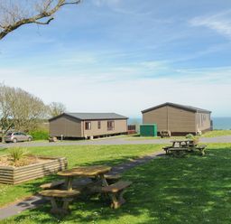 Two wooden cabins on a grassy area with picnic tables and a tree at Lodge 58 at Riviera Bay Coastal Retreat in Brixham