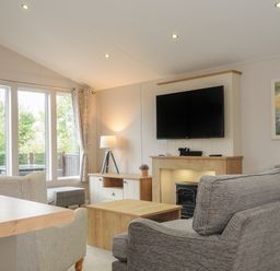 A living room with two sofas a coffee table a television above a fireplace and a lamp near a window at Lodge 59 at Riviera Bay Coastal Retreat Brixham