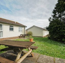 An outdoor area with wooden picnic tables on grass and concrete near white buildings with windows and a large tree at Chalet 27 at Landscove Holiday Park in Brixham
