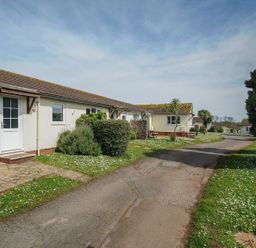 A row of single-story holiday chalets with paved paths and grassy areas with bushes and trees at Chalet 34 at Landscove Holiday Park in Brixham