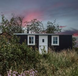 A small black corrugated metal cabin with a white door and two windows surrounded by tall grass and bushes at La'al Ling in Penrith