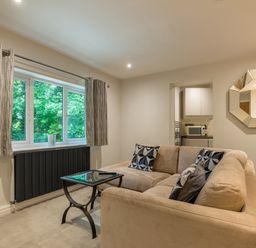 A living room with a beige sofa and glass coffee table near a window with curtains and a wall mirror at Ullswater View Apartment in Ullswater