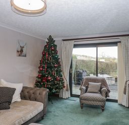 A living room with a Christmas tree and sliding door at 1 Gilpin House Levens