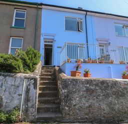 A row of houses with stone steps leading to a blue house with potted plants on a raised patio at Fishnets in Brixham