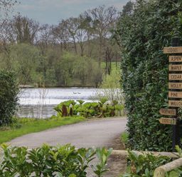 A pathway next to a lake with wooden directional signs among bushes at Aspen in Dolton