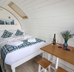 A bedroom with a bed covered in white linens and blue patterned cushions next to a wooden table with a vase of flowers and a bottle of drink at Moel Famau in Bryniau Clwyd near Denbigh